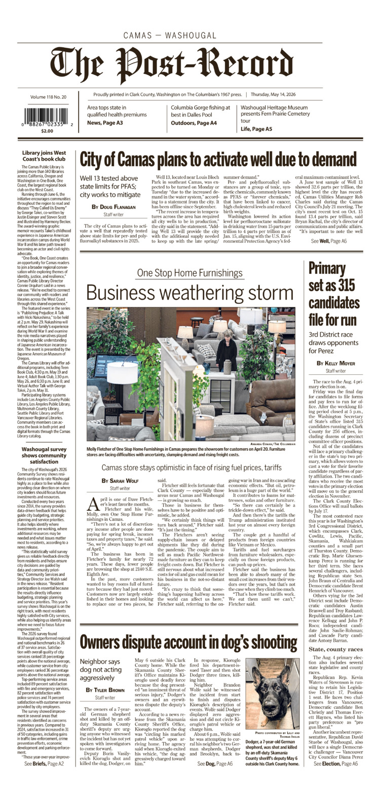 Thursday, May 14th, 2026 Camas-Washougal Post-Record newspaper front page
