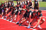 High school football participants do warmup drills at the Washington State Football Coaches Association College Showcase on Sunday at Camas HS. (Photos by Micah Rice/The Columbian)