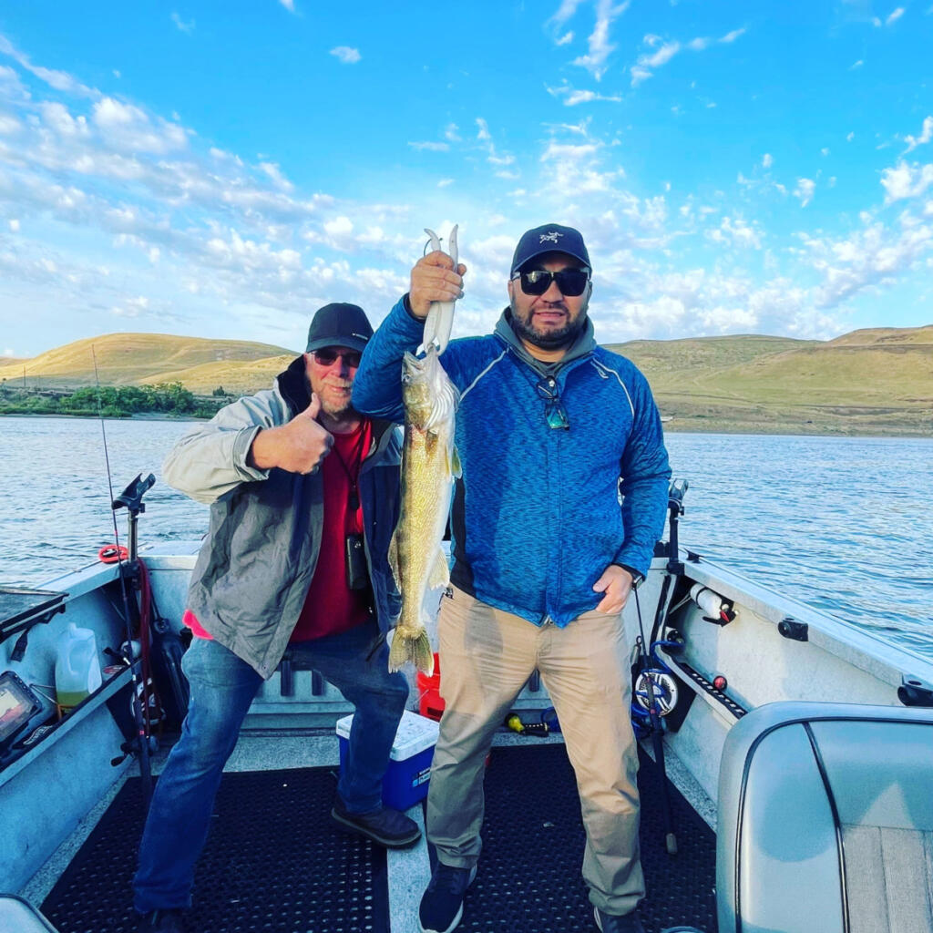 Two excited anglers with a nice walleye taken while fishing with fishing guide Marvin Henkel. The best walleye fishing of the year is taking place right now in The Dalles Pool. (Photos courtesy Marvin&rsquo;s Guide Service)