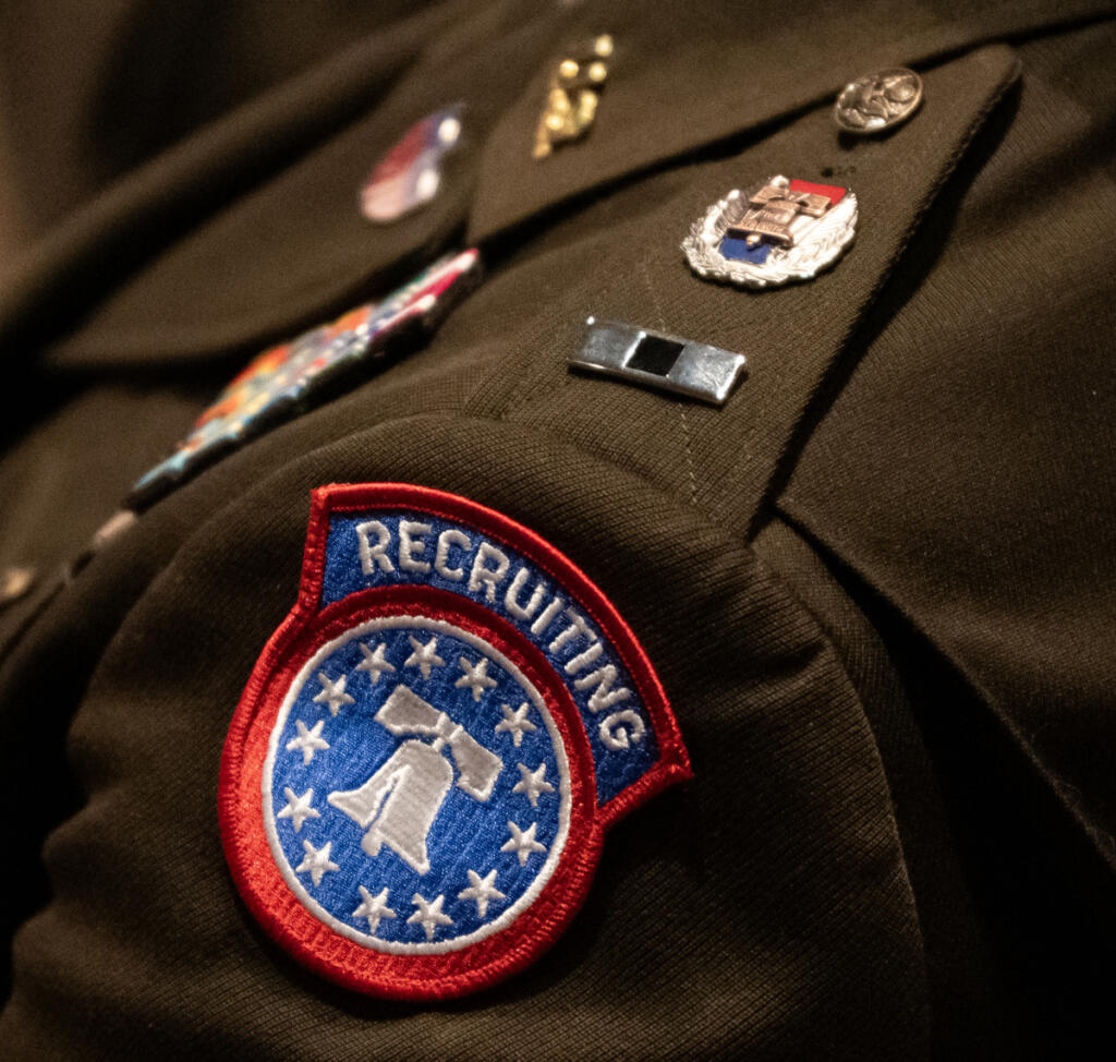 A recruiting patch sits on the shoulder of a service member April 22 during an event for future military service members at Skyview High School. (Taylor Balkom/The Columbian)
