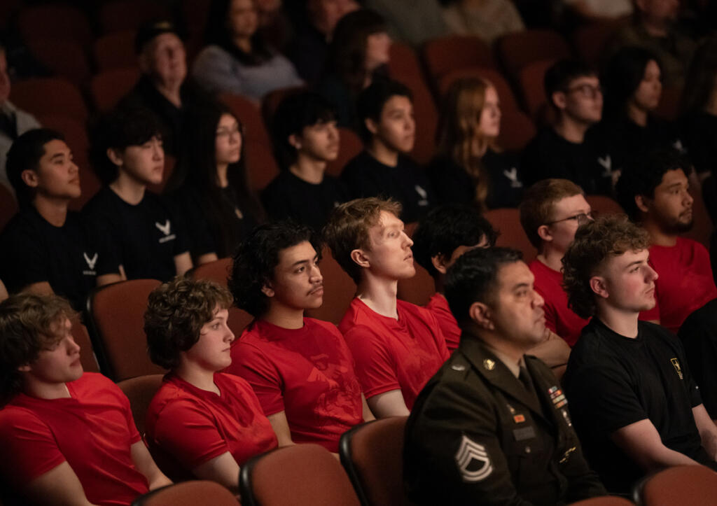 High school military recruits sit according to branch April 22 during an event for future military service members at Skyview High School. (Taylor Balkom/The Columbian)