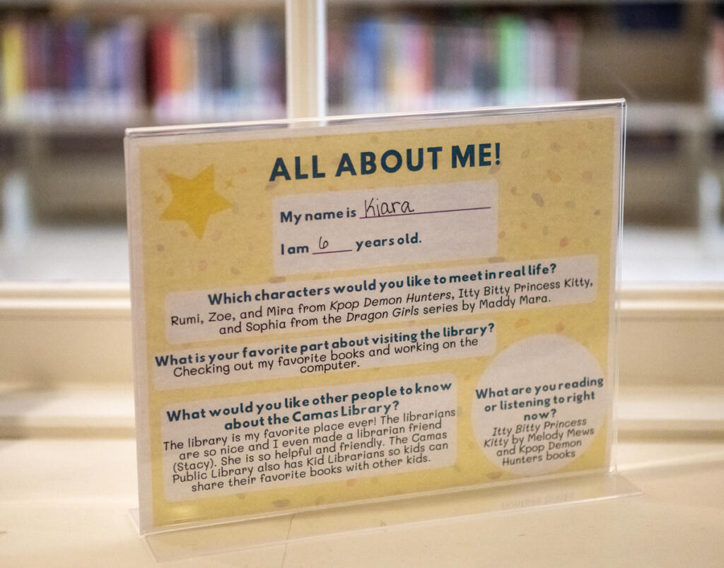 A sign informs patrons about the current Kid Librarian display April 27 at Camas Public Library. (Taylor Balkom/The Columbian)