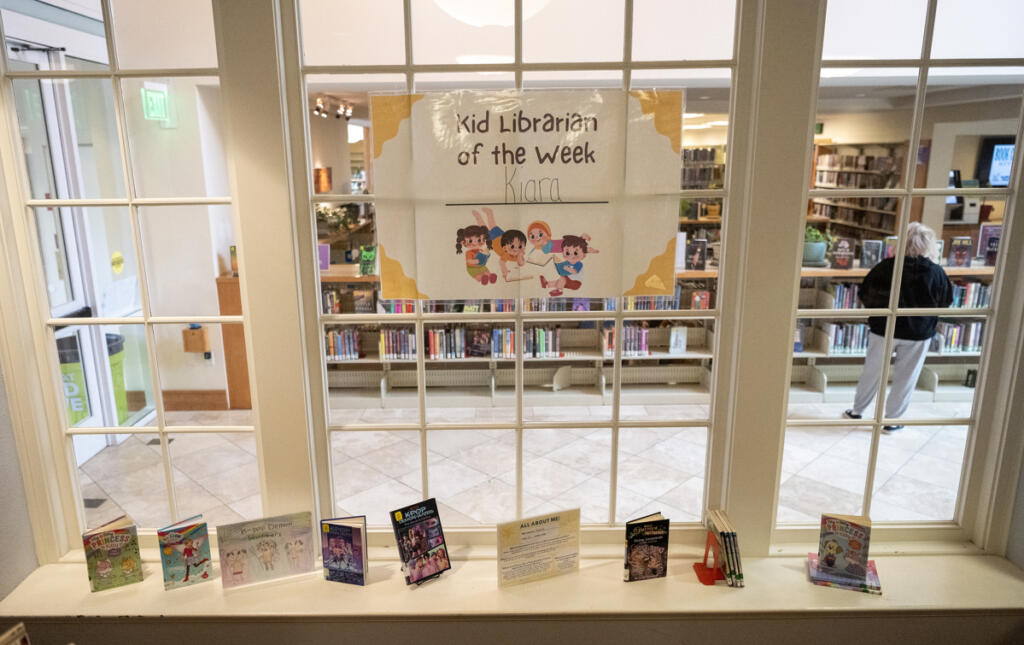 Kiara&rsquo;s Kid Librarian display sits April 27 at the Camas Public Library. (Taylor Balkom/The Columbian)