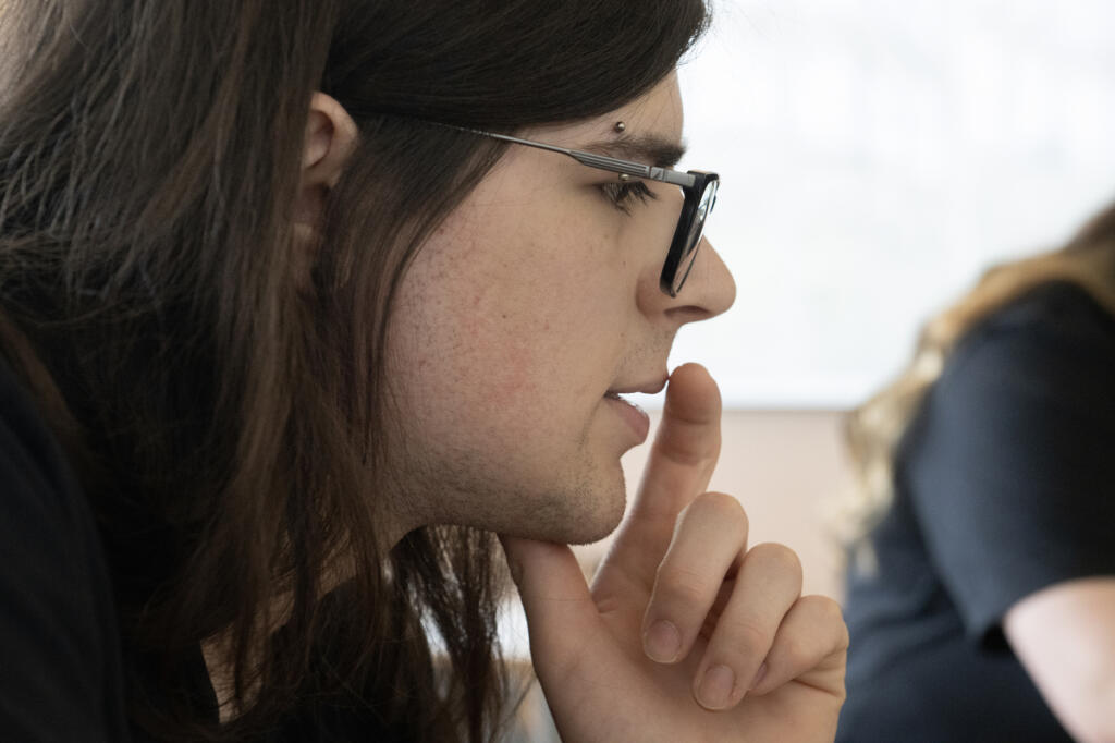 PAX Learning Center student Samuel Manalatos takes a practice test during a class at Clark College&rsquo;s Columbia Tech Center campus on Monday afternoon.