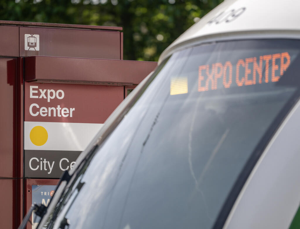A MAX train parks May 1 at the Portland Expo Center Station. Light rail promises to be an issue in the 3rd District race.
(Taylor Balkom/The Columbian)