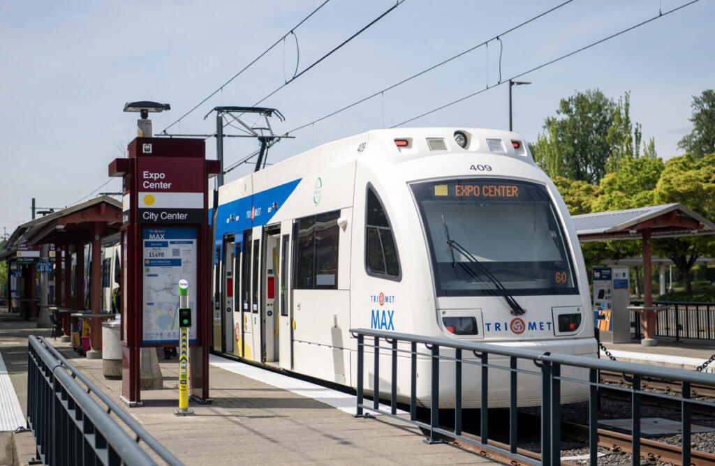 A MAX train parks May 1 at the Portland Expo Center Station. (Taylor Balkom/The Columbian)