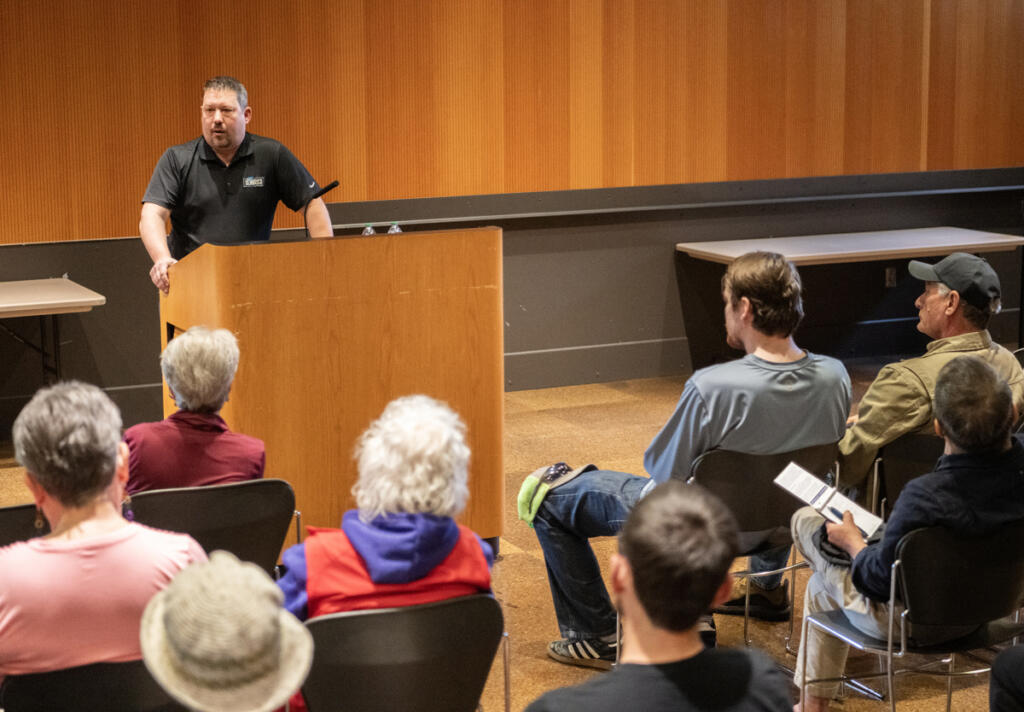 Democratic candidate for Washington&rsquo;s 3rd Congressional District Brent Hennrich speaks May 2 during a Q&A session at Vancouver Community Library. (Taylor Balkom/The Columbian)