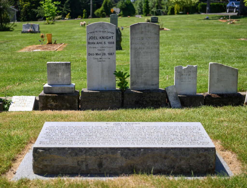 Headstones for the Knight family sit Monday at Fern Prairie Cemetery in Camas. (Taylor Balkom/The Columbian)