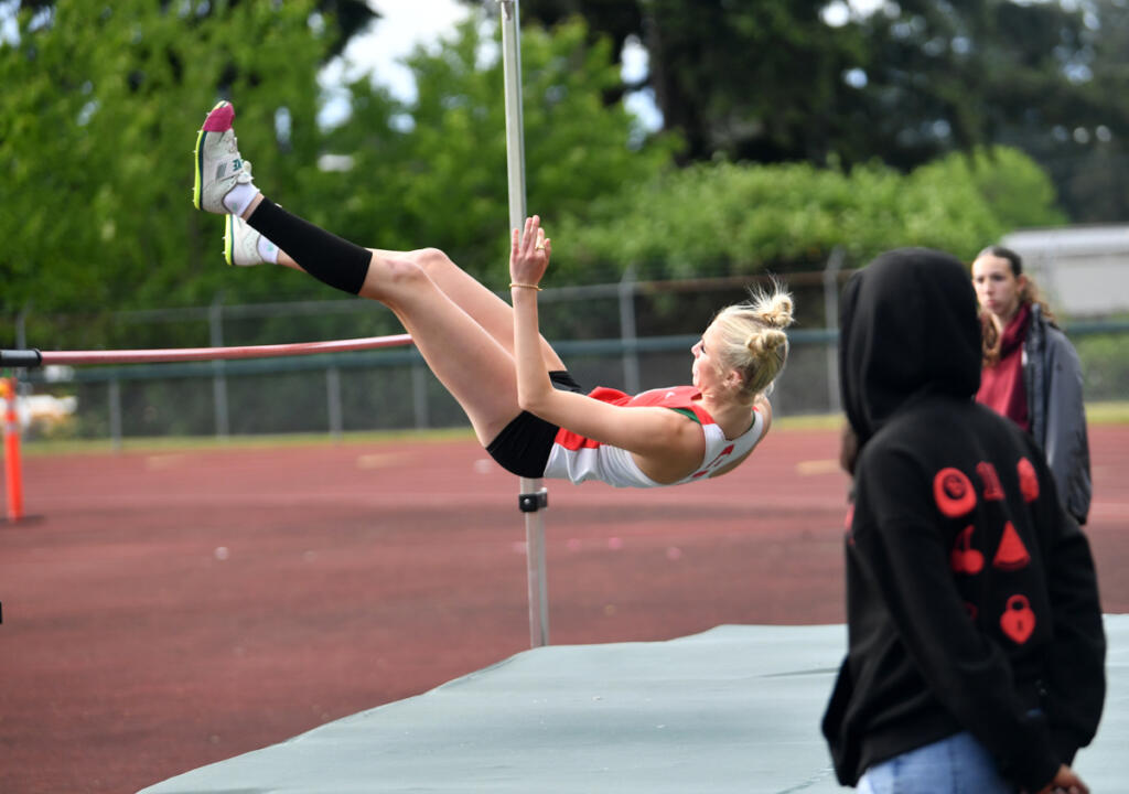 Ella Thompson of Camas cleared 5 feet even at the 4A girls high jump at the 4A and 3A District 4 track and field meets last week at McKenzie Stadium. She also won the 4A girls javelin with a throw of 113-4. Thompson has a season-best mark of 130-9, which is third in the state in Class 4A heading into the bi-district meet. (Tim Martinez/The Columbian)