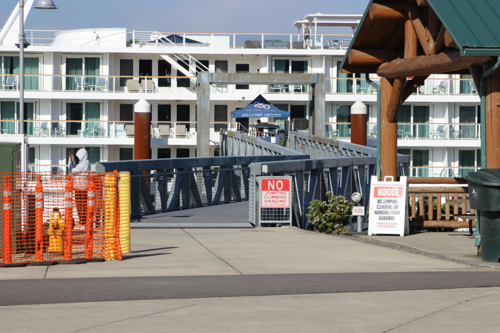 American Cruise Lines&rsquo; American Encore sits docked at the Port of Kalama on Sunday. The newly built ship is one of six riverboats the company is operating on the Columbia and Snake rivers this year. (Shari Phiel/The Columbian)