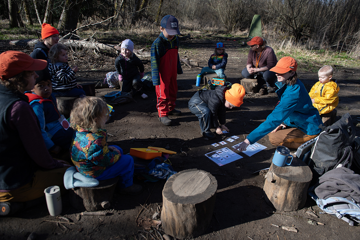 PNWK Forest School conducts a class in March 2025 in Salmon Creek Regional Park. Higher park user fees are forcing the school to close its Clark County program after this summer. (Photos by Amanda Cowan/The Columbian files)