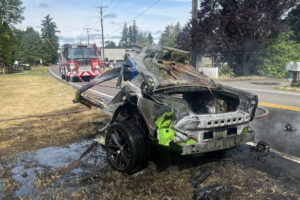 A wrecked vehicle in Thurston County after it collided with a power pole, splitting the car in half on June 23, 2025. The driver was treated for minor injuries and was booked for DUI. The vehicle&rsquo;s speedometer was stuck at 100 mph, according to the Thurston County Sheriff&rsquo;s Office. (Photo courtesy of Thurston County Sheriff&rsquo;s Office)