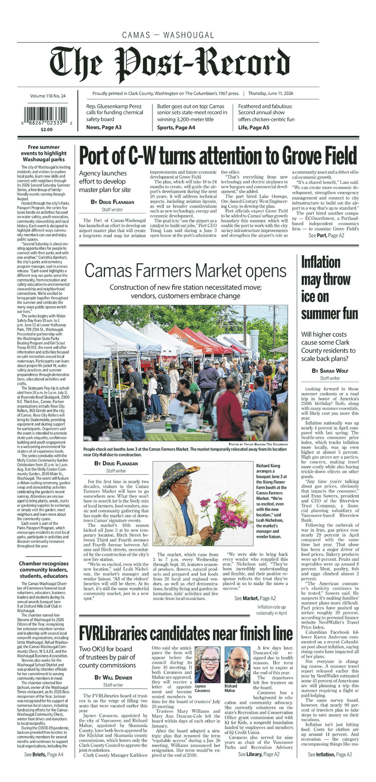 Thursday, June 11th, 2026 Camas-Washougal Post-Record newspaper front page