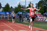 Camas senior Cohen Butler, right, celebrates after winning the 4A boys 3200 meter race Saturday during WIAA State Track and Field Meet at Mount Tahoma High School in Tacoma. Butler set a state meet record with a time of 8:43.77. (Taylor Balkom/The Columbian)