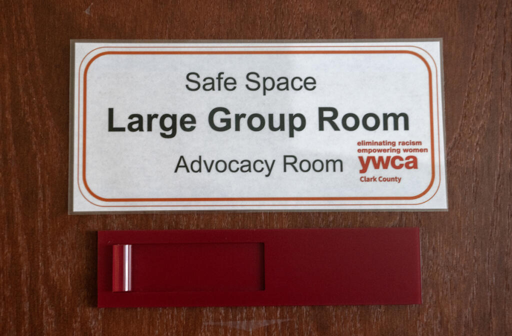 A sign lets survivors know they are in a safe space at the YWCA, as pictured on Thursday morning. (Amanda Cowan/The Columbian)
