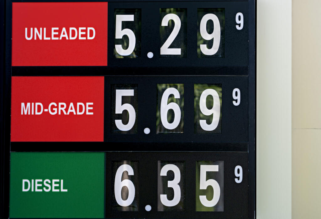 A sign advertises gas prices near the Fred Meyer in Salmon Creek on Monday morning. Gas prices were up nearly 30 percent in April compared with the previous year, according to the latest Seattle-area consumer price index. (Amanda Cowan/The Columbian)