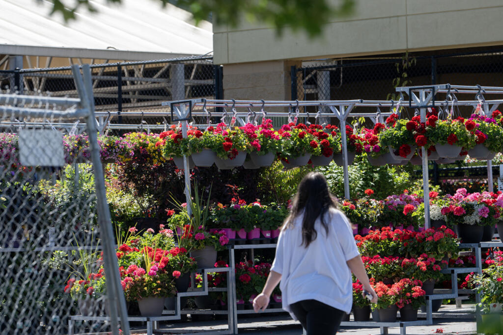 A pedestrian walks past fresh flowers for sale at the Fred Meyer in Salmon Creek on Monday morning. Gardening is one of many recreational activities that has seen prices increase compared with last year. (Amanda Cowan/The Columbian)