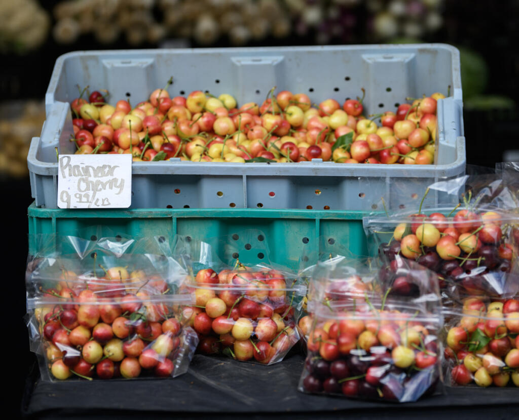 Rainier cherries sit in bags June 3 at the Camas Farmers Market. (Taylor Balkom/The Columbian)