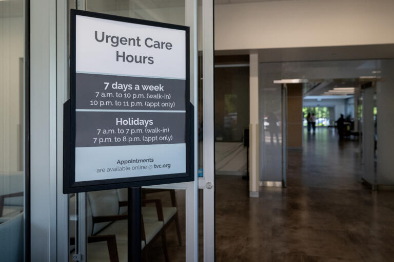 A sign greets patients checking in at Vancouver Clinic&rsquo;s Salmon Creek Urgent Care facility June 4. Vancouver Clinic operates six urgent care facilities in Clark County.