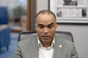 Washington Attorney General Nick Brown speaks to the media while visiting The Columbian in downtown Vancouver earlier this month. (Amanda Cowan/The Columbian)