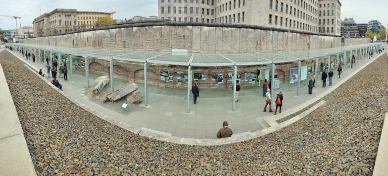 A section of the Berlin Wall still stands alongside Berlin&rsquo;s Topography of Terror museum, which features a below-ground timeline of Naziism and World War II.