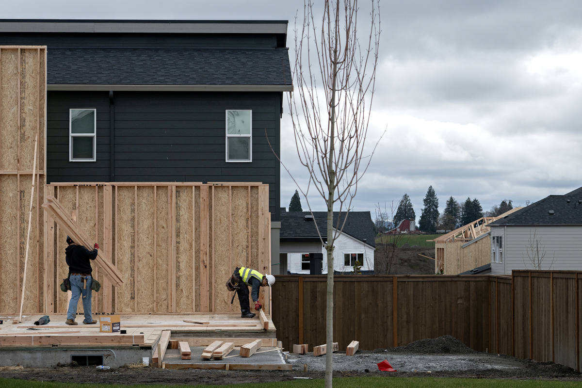 Homes at various stages of construction are seen in the Harmony Heights neighborhood in February. A new report from the National Association of Home Builders showed that buying a new house is out of reach for more than 8 out of 10 Vancouver households. (Amanda Cowan/The Columbian files)