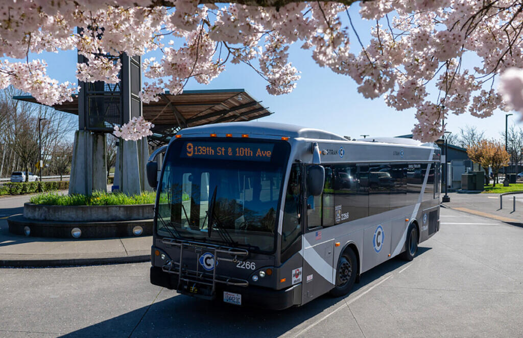 A C-Tran No. 9 bus leaves the 99th Street Transit Center on March 26. (Taylor Balkom/The Columbian files)