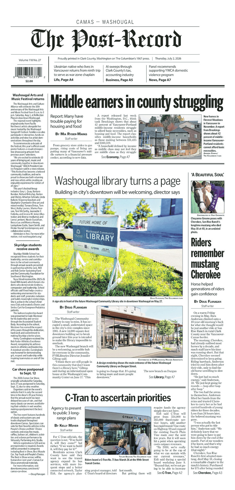 Thursday, July 2nd, 2026 Camas-Washougal Post-Record newspaper front page
