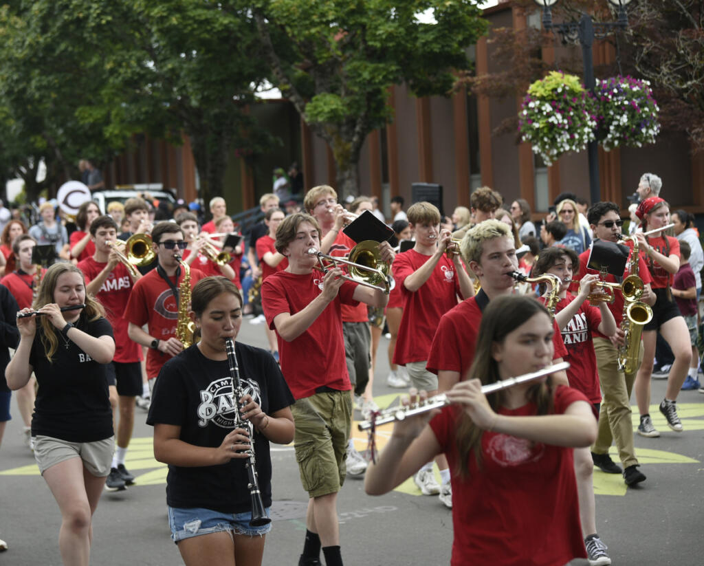 The Camas High School marching band performs in the Camas Days Grand Parade in downtown Camas on Saturday, July 26, 2025. (Tim Martinez/The Columbian)