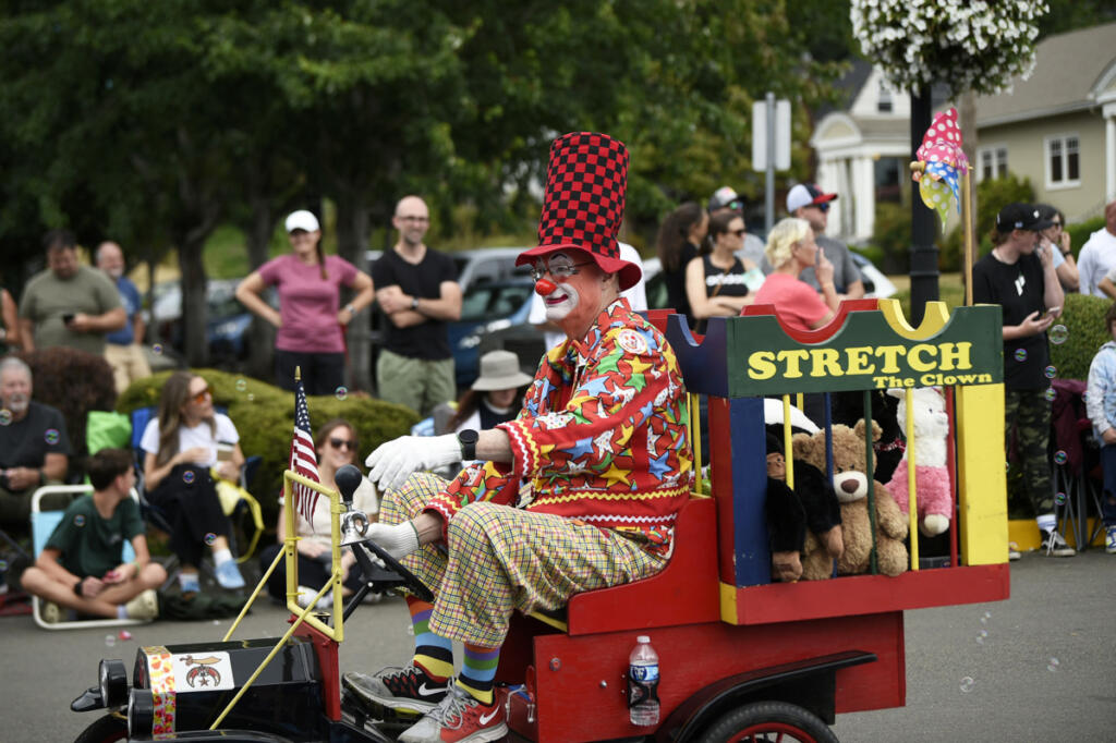 Stretch The Clown from the Shriners drives through the Camas Days Grand Parade in downtown Camas on July 26, 2025. (Tim Martinez/The Columbian files)