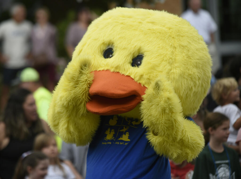 Lucky the duck from the Camas Ducky Derby waves to the crowd at the Camas Days Grand Parade in downtown Camas on Saturday, July 26, 2025.
Tim Martinez/The Columbian
