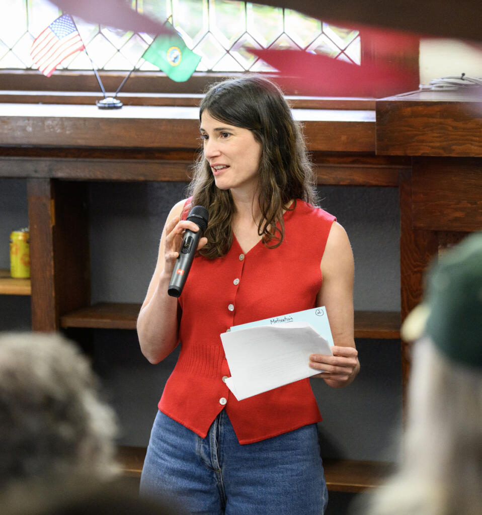 U.S. Rep. Marie Gluesenkamp Perez, D-Skamania, speaks to supporters during a May 17 campaign volunteer event in Vancouver. (Taylor Balkom/The Columbian)