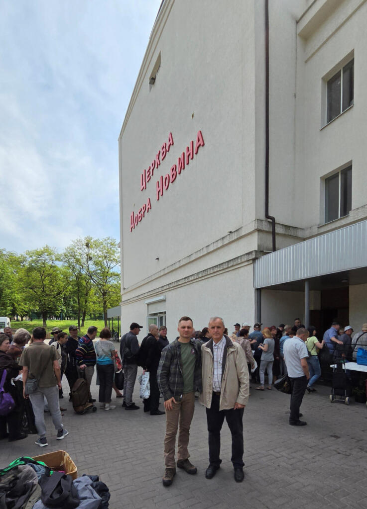 Mikhail Pavenko with his uncle, Victor Pavenko, who is a pastor at The Good News Church in the city of Kramatorsk, Ukraine. Ukrainians fleeing the war and Russian occupation receive clothing, food and direction at churches like this one, Pavenko said. (Contributed by Mikhail Pavenko)