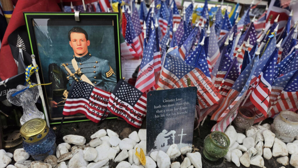 During his May trip, Mikhail Pavenko placed in Kyiv&rsquo;s central town square a portrait of Andrew Webber of Seattle, an American military veteran who volunteered to fight in Ukraine and died in combat in 2023. &ldquo;I know his mother personally,&rdquo; Pavenko said. &ldquo;This meant a lot to her.&rdquo; (Photos by contributed by Mikhail Pavenko)