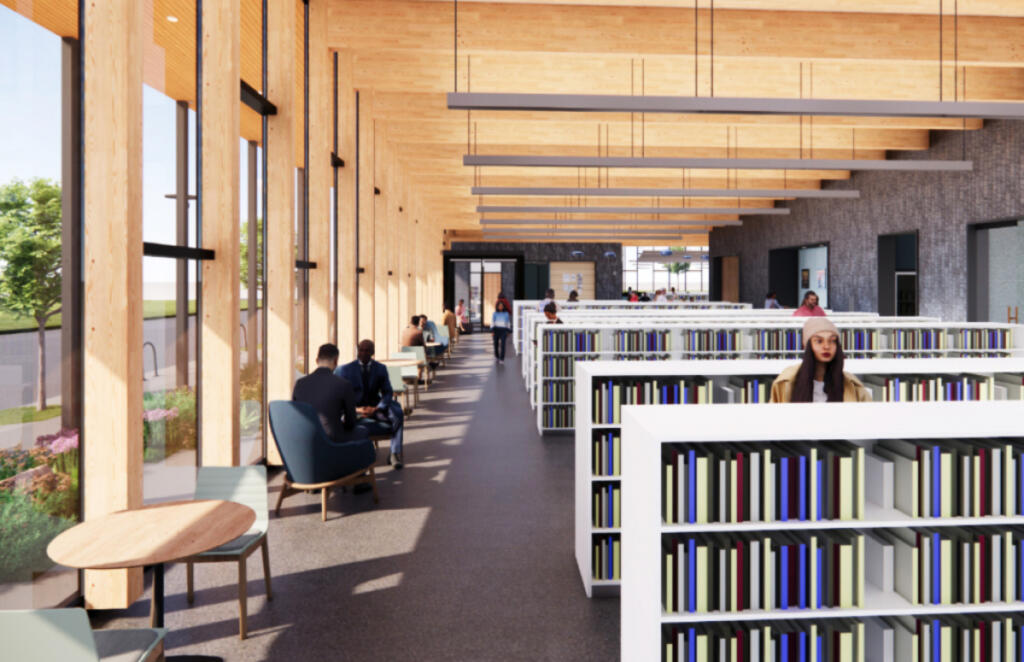 A design rendering shows the adult spaces of Washougal&rsquo;s future 14,000-square-foot library. (Contributed by FVRLibraries/Hacker Architects)