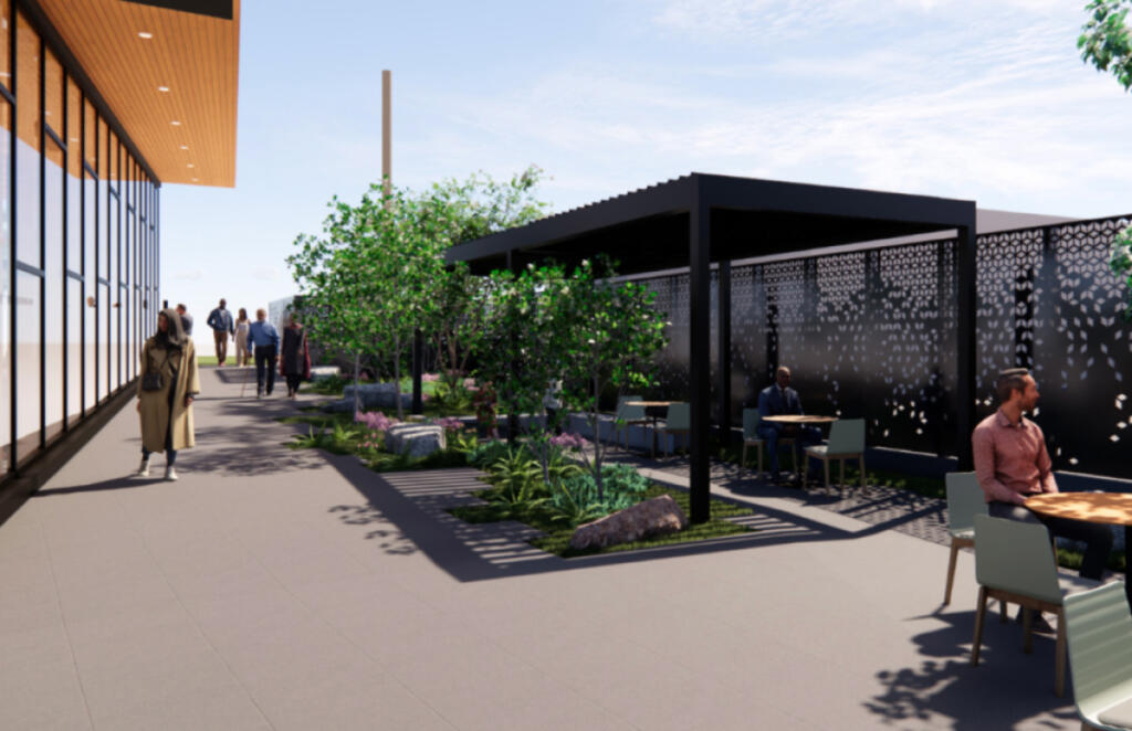 A design rendering shows the courtyard of the future Washougal Community Library. (Contributed by FVRLibraries/Hacker Architects)