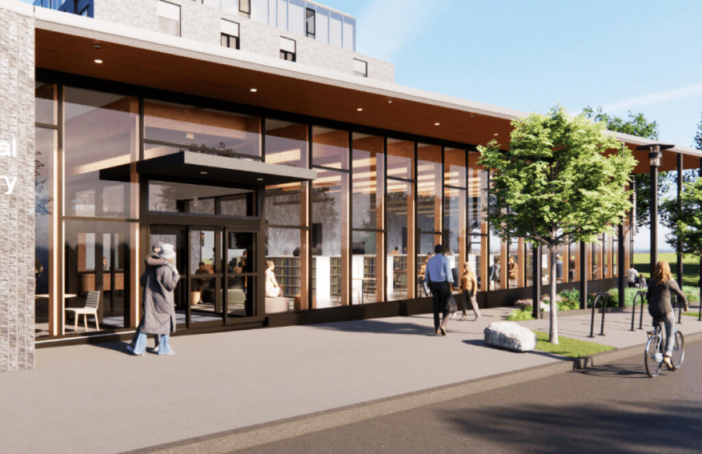 A design rendering shows the main entrance of the future Washougal Community Library on Durgan Street. (Contributed by FVRLibraries/Hacker Architects)