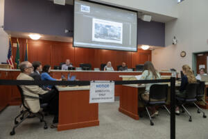 Dr. Alan Melnick, left, attends a meeting at the Public Service Center on June 24. The Board of Health provided updates on the impacts that cuts to Foundational Public Health Services funding will have on Clark County Public Health. (Amanda Cowan/The Columbian)