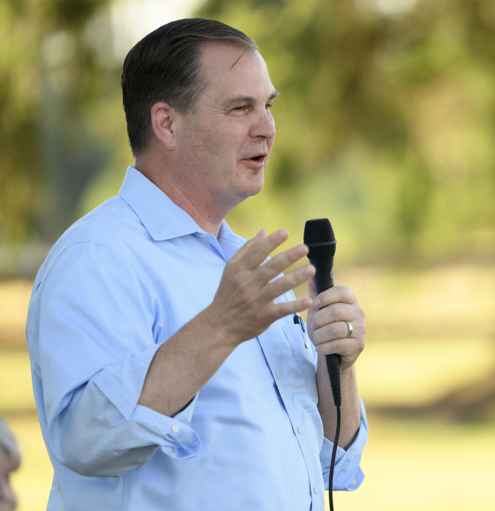 Washington state Sen. John Braun, R-Centralia, speaks during a June 23 rally for his 3rd Congressional District campaign at Merten Ranch in Toledo. (Taylor Balkom/The Columbian)