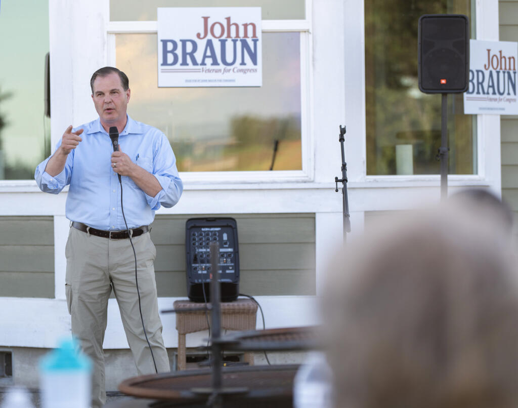 Washington state Sen. John Braun, R-Centralia, speaks during a June 23 rally for his 3rd Congressional District campaign at Merten Ranch in Toledo.