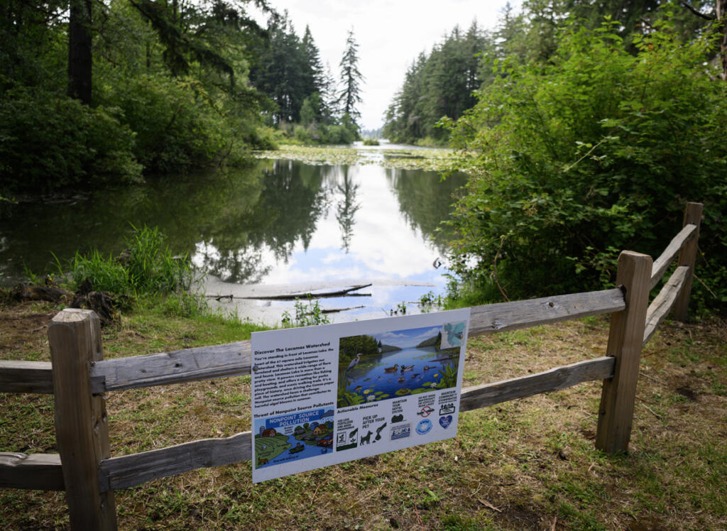 A fence blocks off a section of Lacamas Lake in Camas on Tuesday. (Taylor Balkom/The Columbian)