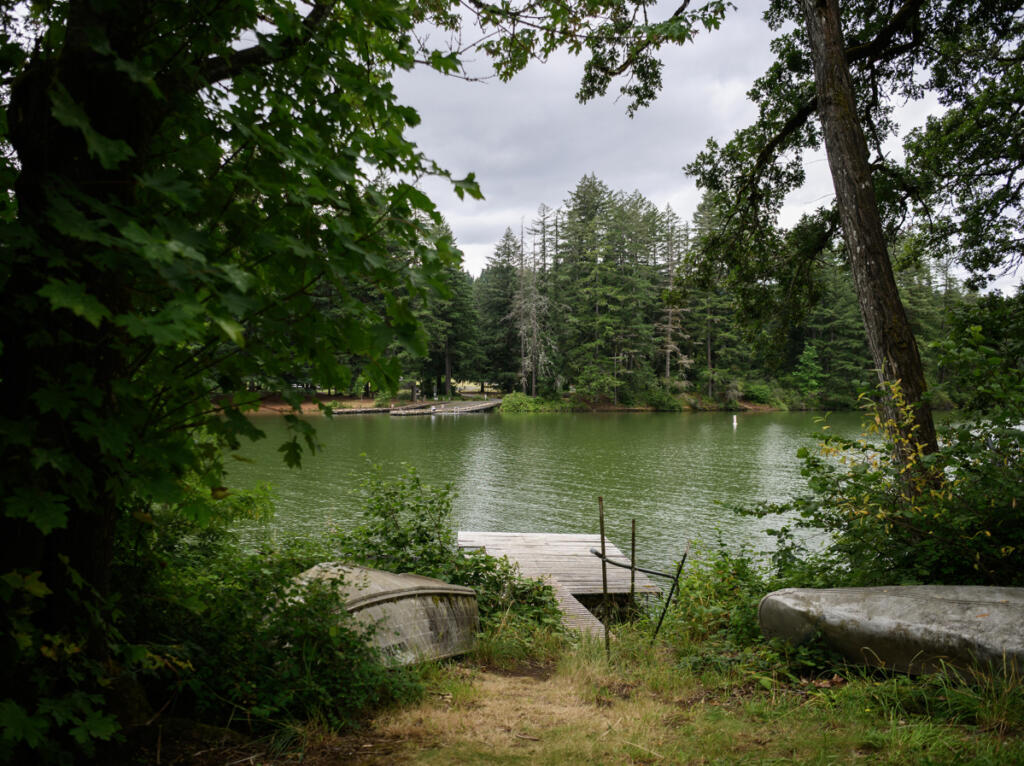 A dock juts out into the water Tuesday at Lacamas Lake in Camas. (Taylor Balkom/The Columbian)