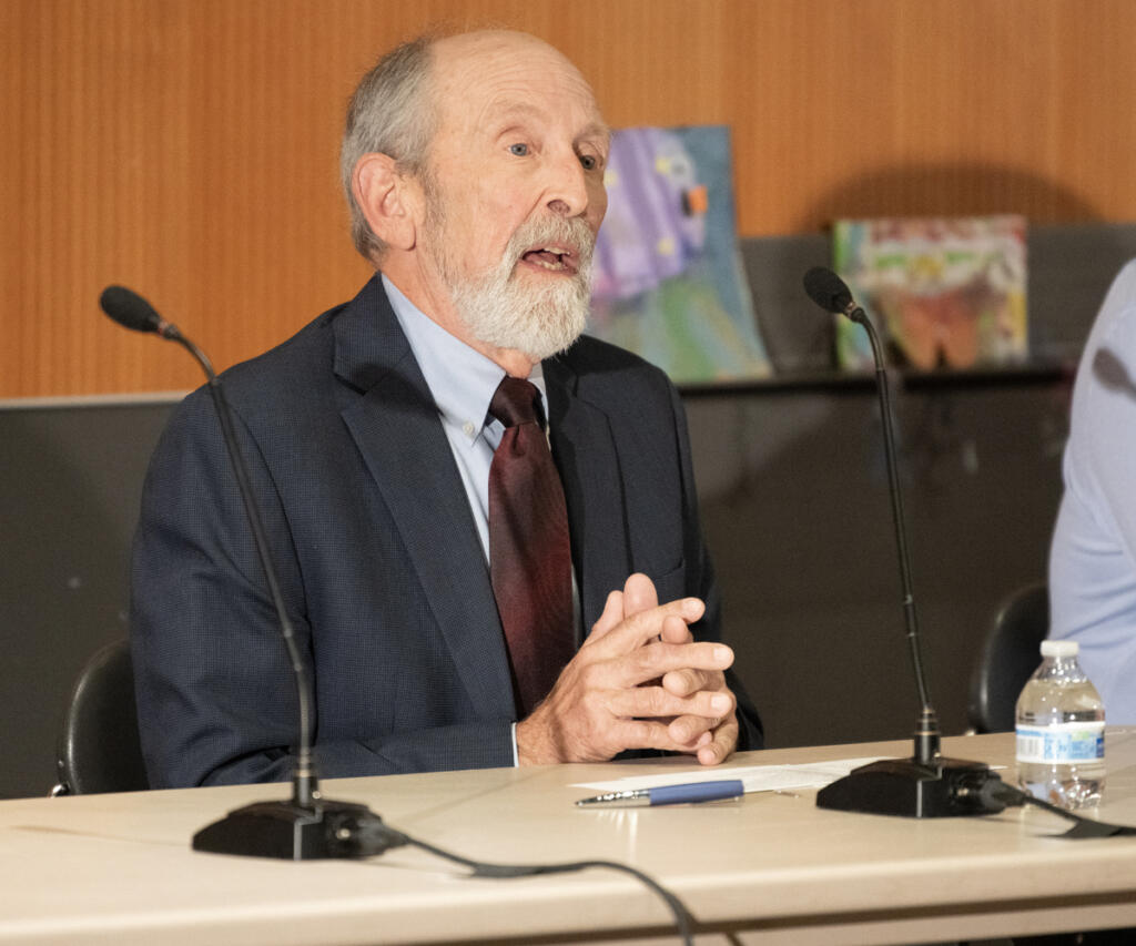 Clark Public Utilities Board of Commissioners candidate Gordon Matthews speaks Thursday, July 2, 2026, during a League of Womens Voter&Ccedil;&fnof;&Ugrave;s forum at Vancouver Community Library. (Taylor Balkom/The Columbian)