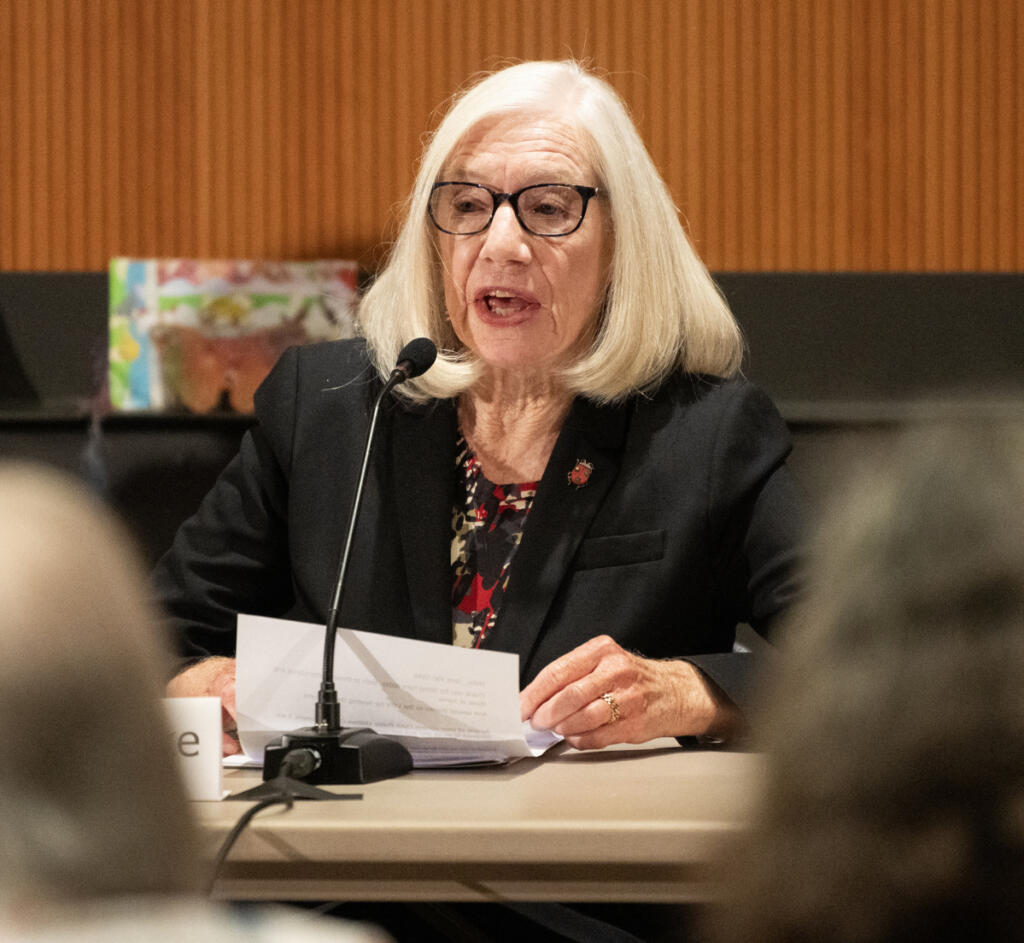 Clark Public Utilities Board of Commissioners incumbent Jane Van Dyke speaks Thursday during a League of Women Voters forum at Vancouver Community Library. (Photos by Taylor Balkom/The Columbian)