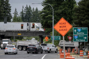 Motorists navigate traffic near Ridgefield on July 1. (Amanda Cowan/The Columbian)