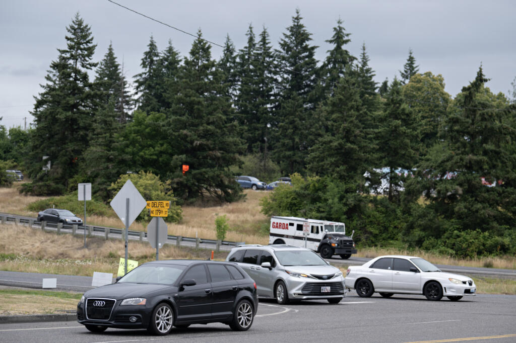 Motorists navigate traffic near Ridgefield on Wednesday afternoon. (Amanda Cowan/The Columbian)