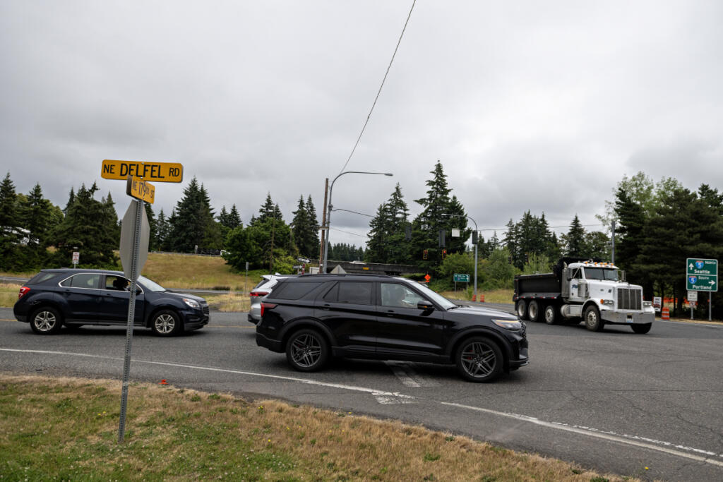 Motorists navigate traffic near Ridgefield on Wednesday afternoon. (Amanda Cowan/The Columbian)