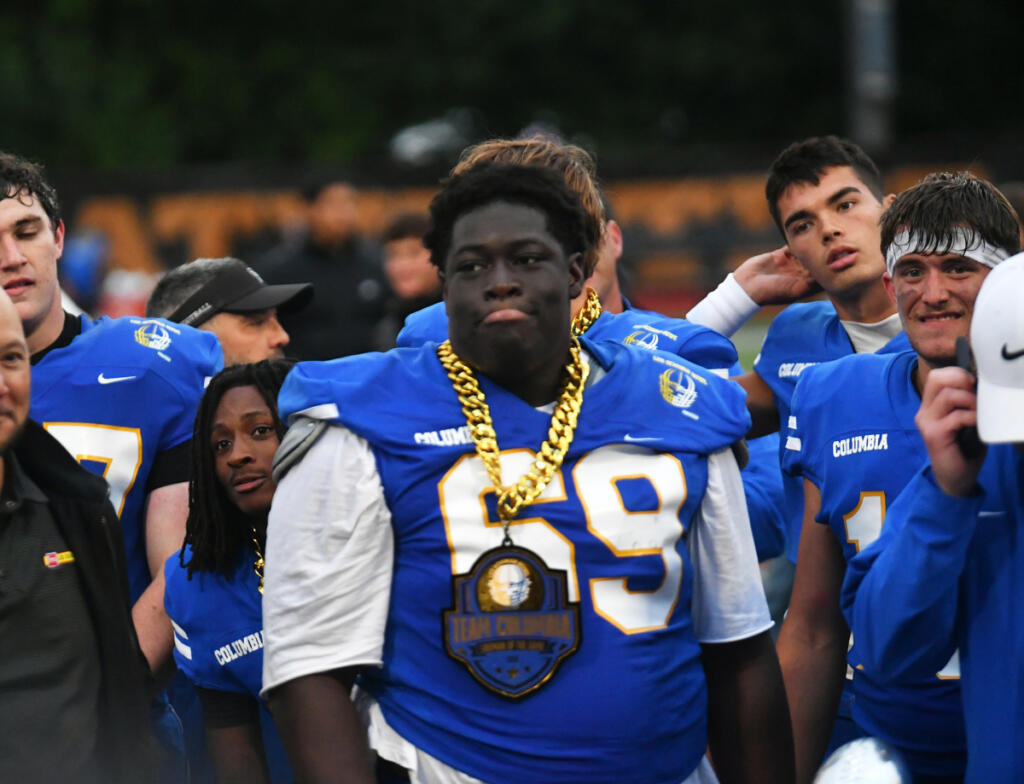 Ja&rsquo;Marcus Robinson of Seton Catholic stands after being presented as the lineman of the game for Team Columbia after the 2026 Les Schwab Bowl high school football all-star game Saturday in Portland. (Photos by Tim Martinez/The Columbian)
