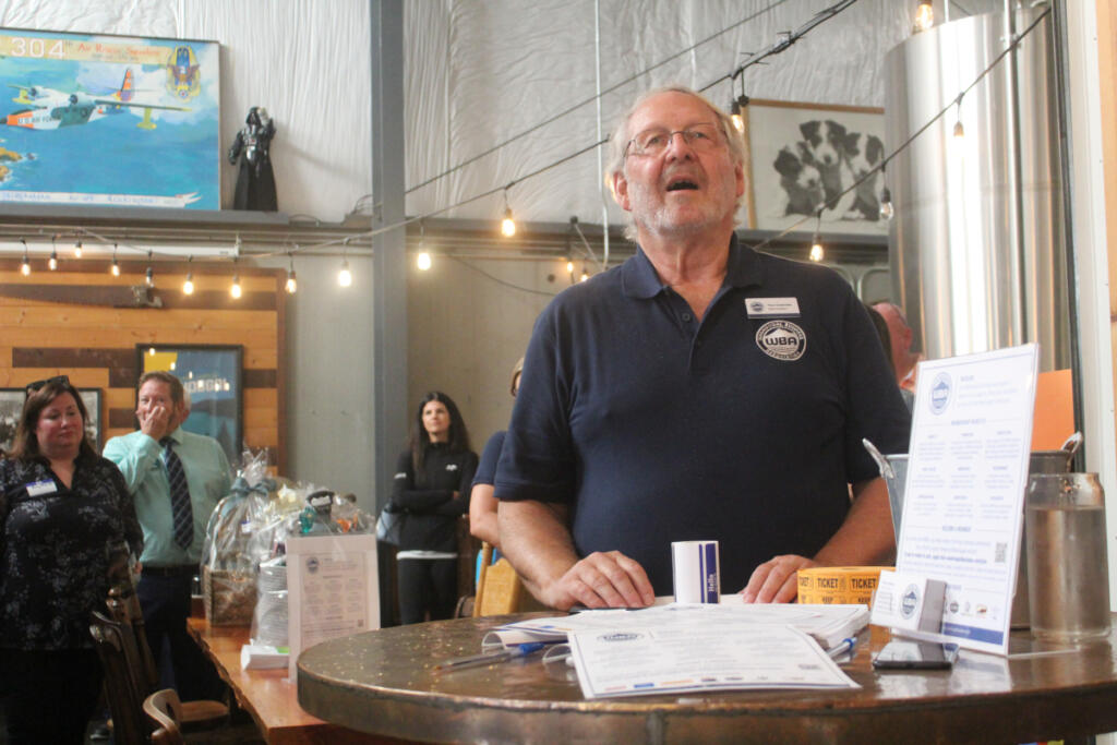 Washougal Business Association President Paul Greenlee speaks during the Washougal Business Association&rsquo;s &ldquo;relaunch&rdquo; event Oct. 12, 2023, at 54-40 Brewing Company in Washougal. (Doug Flanagan/The Columbian)