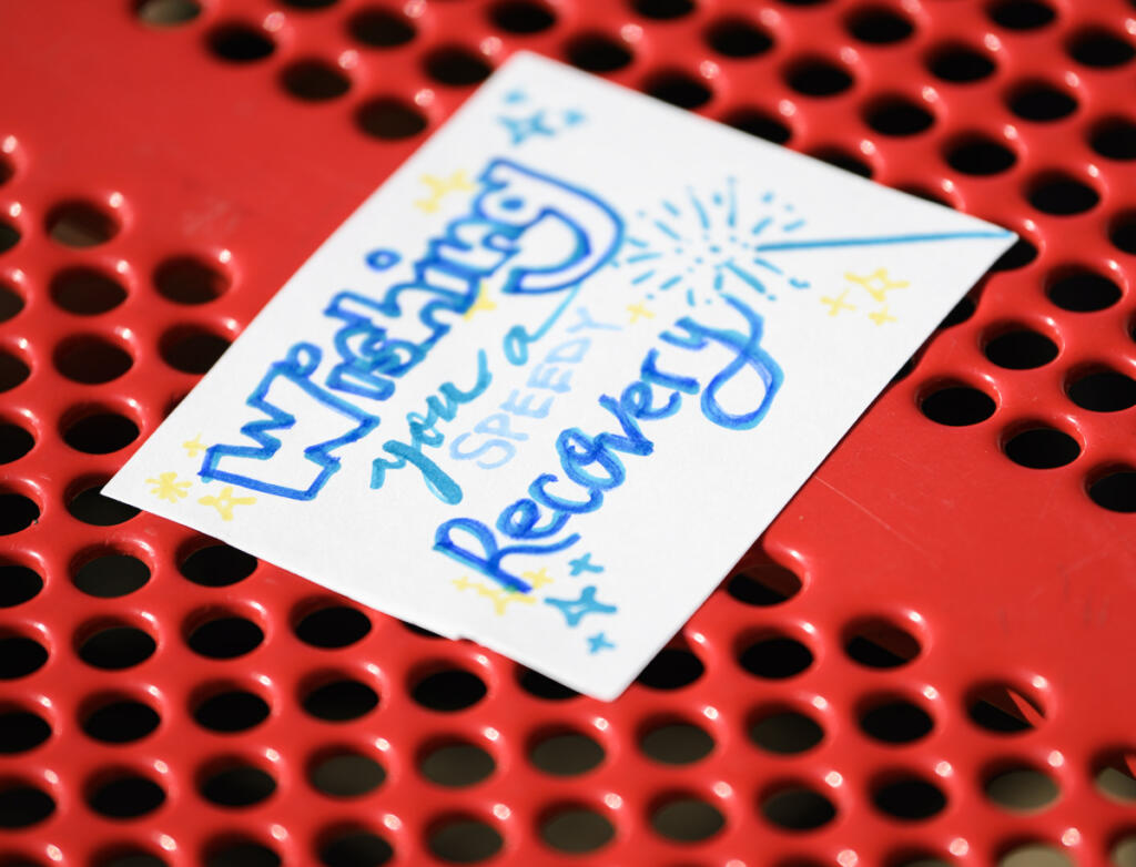 A completed card for a cancer patient sits on a table Friday at Prune Hill Sports Park in Camas.